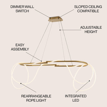 Lisette 59" Contemporary Minimalist 360 Adjustable Silicone Rope/Metal Dimmable Integrated LED Chandelier - JONATHAN Y